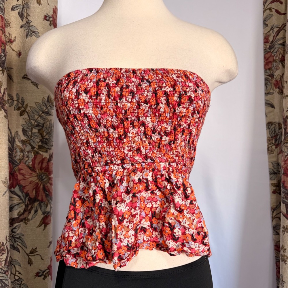 Sky and Sparrow Adorable Red Floral Smocked Bust Tube Top with Tie Back flowy